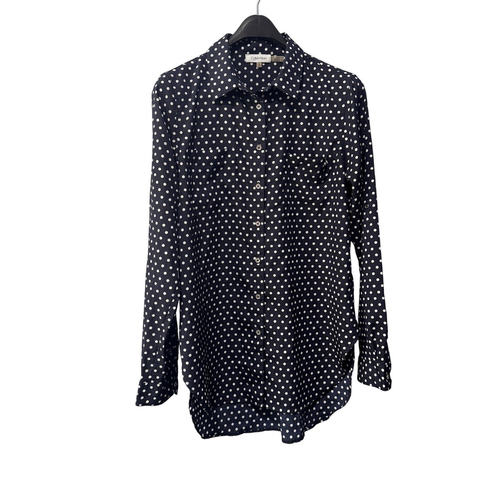 Calvin Klein Womens Navy Blue Polka Dot Roll Tab Button Up Blouse Size S CK Logo